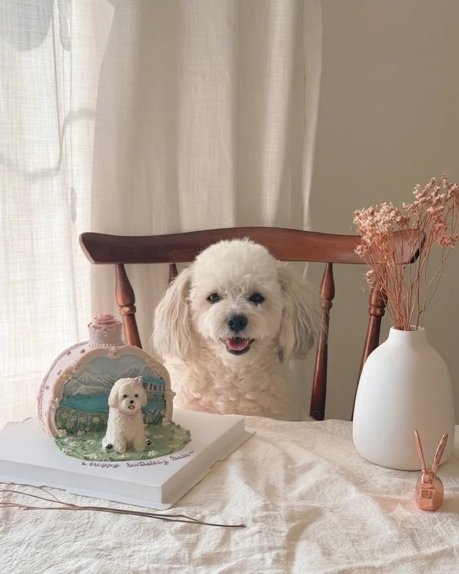 A fluffy white dog at the table with a Sweetails cake made in their likeness